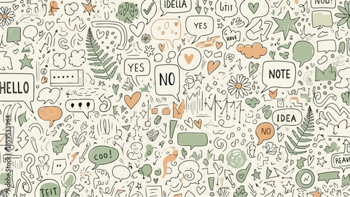 Handdrawn doodle pattern with speech bubbles and various symbols.