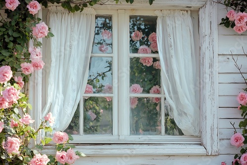 Roses cascade around an old white window offering a glimpse of a secret garden through lace curtains in soft pastel hues
