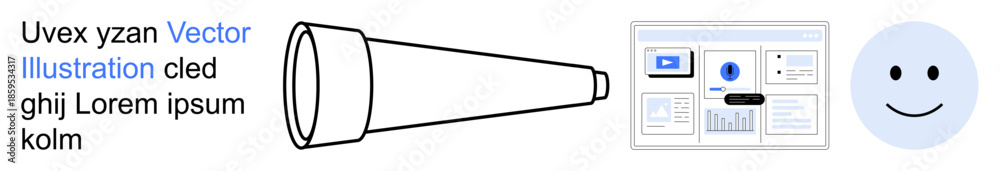 Fototapeta premium Vision, optimism, technology, user interface, exploration, creativity. A telescope, a digital user interface and a happy face icon. Vision and optimism themed creative