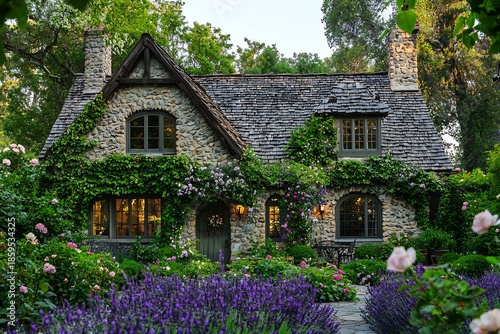 A charming stone cottage enveloped in lush greenery a fairytale escape surrounded by lavender fields in twilight with