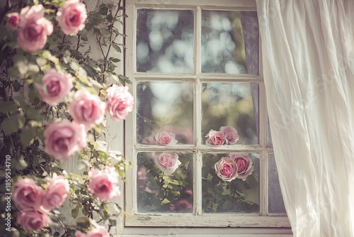 A cascade of pink roses frames a rustic window glimpsing a serene garden framed by soft diffused sunlight and a flowing