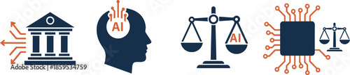 Artificial intelligence law and justice concept icons, AI ethics regulation governance legal balance court technology vector illustration design