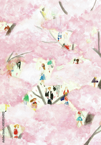 手描き水彩イラスト　満開の桜の下を行き交う人々
