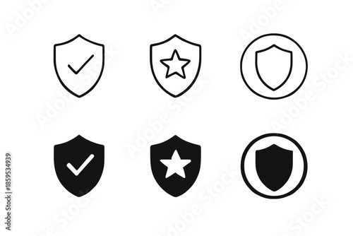 Shield icons set with checkmark and star, security and protection symbols
