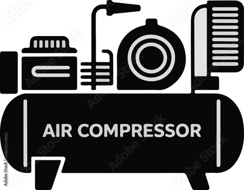 Air Compressor Vector Graphic Illustration for Industrial Use with Mechanical Components and Pneumatic Tools