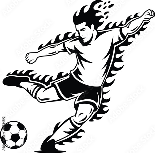 Stylized Soccer Player Kicking Ball with Dynamic Black and White Fire Flame Trail