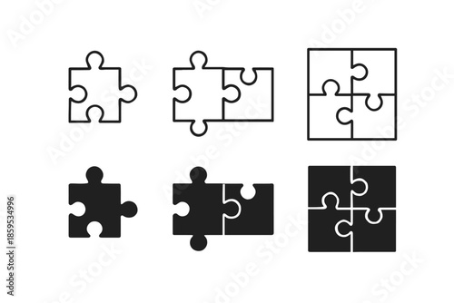 Puzzle piece icons set. Simple vector illustrations of jigsaw elements.