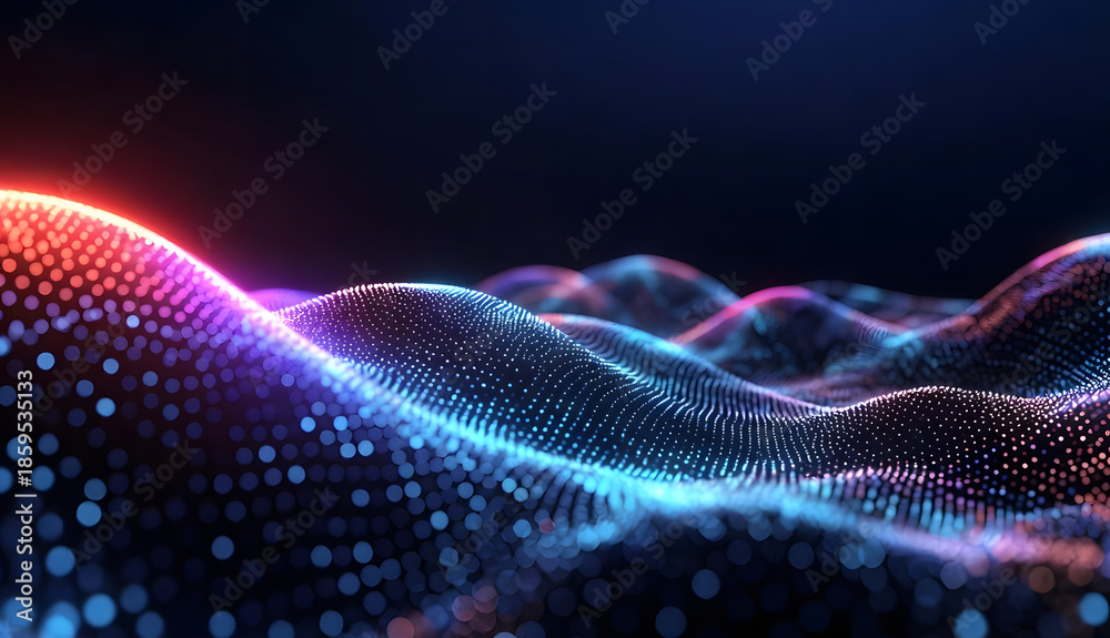 Fototapeta premium Abstract glowing digital wave of particles in neon blue and red light