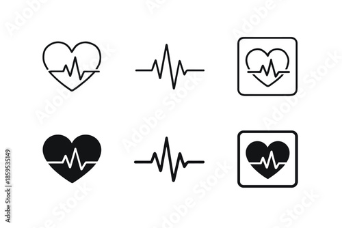 Heartbeat and EKG line icons set. Medical cardiology symbols.