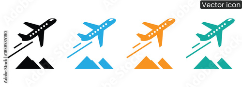 Set of vibrant airplane icons in different colors flying over mountains, conveying a sense of adventure, travel, and exploration.