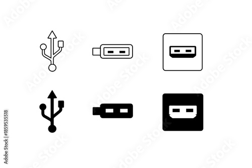 USB connection icons and symbols set, outline and solid fill