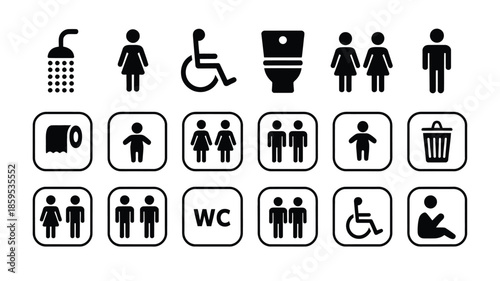 Wc icon set, toilet, restroom, man and woman, bathroom, disabled, dumpster, toilet paper, infant, illustrating bathroom symbols, restroom signs, accessibility icons and clean vector 