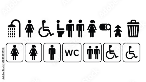 Wc icon set, toilet, restroom, man and woman, bathroom, disabled, dumpster, toilet paper, infant, showing public restroom icons, accessibility symbols, hygiene graphics, bathroom signage 