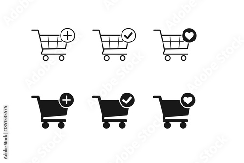 Shopping cart icons with add, checkmark, and favorite symbols