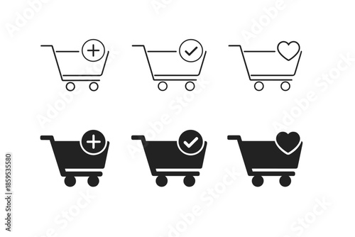 Shopping cart icons with add, checkmark, and heart symbols