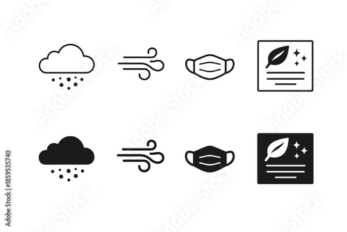 Weather and health icons: rain, wind, mask, and eco-friendly symbol