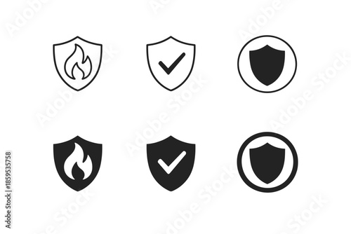 Security and protection icons set. Shield and flame symbols.