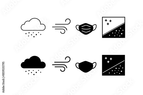 Weather and pollution protection icons: rain, wind, mask, and air quality