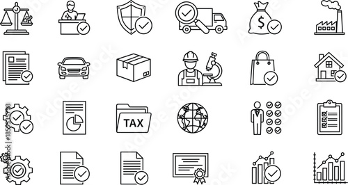 Business compliance and approval icon set illustration, finance legal logistics industry verification symbols, quality control, audit tax insurance, corporate management, outline flat vector
