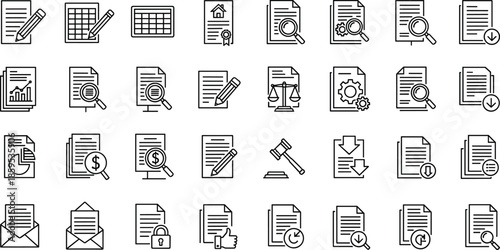 Business document and file management icon set illustration, reports analytics contracts workflow paperwork symbols, office administration outline vector design, collection