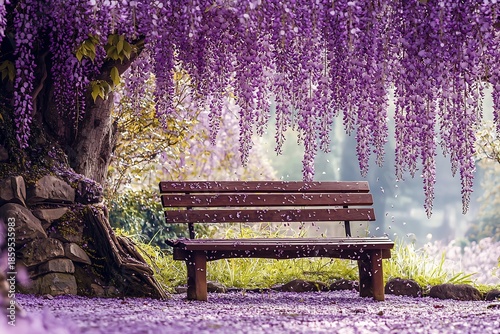 A serene wooden bench nestled under cascading wisteria blooms petals softly swirling in the gentle breeze with natural