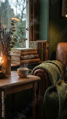 Steaming cup of coffee next to vintage books and a rainy window. Vertical video of a cozy reading nook with a leather armchair and green knit blanket. Hygge and relaxation concept