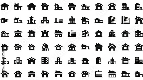Collection of various house and building icons in black silhouette