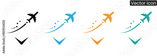 A set of colorful airplane icons in flight with checkmarks, symbolizing success and achievement in transportation and travel
