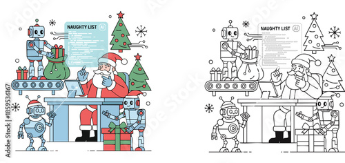 Santa Claus with Helper Robots Checking Naughty List – Christmas Vector Illustration