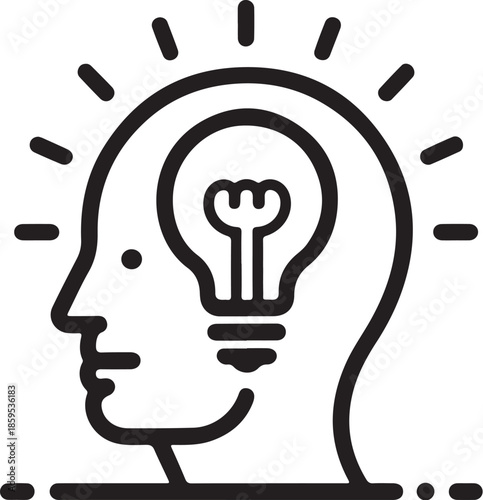 Human head profile with light bulb inside representing idea generation and innovation simple vector 