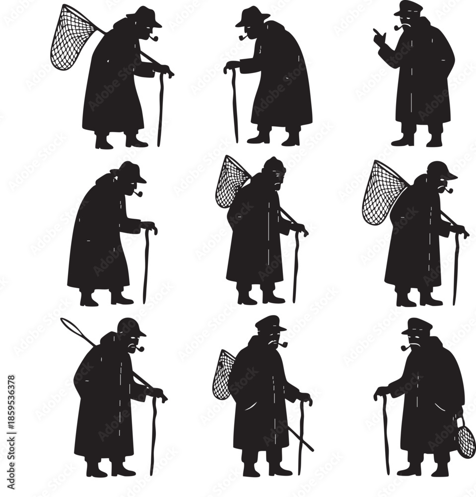 Obraz premium Elderly man silhouette set with walking cane and net in different poses