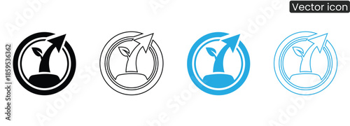 Set of vector icons depicting a growing plant with an upward arrow in a circular design, symbolizing growth and progress in a modern and minimalist style.