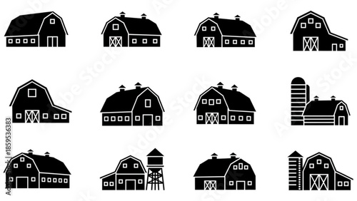 Collection of various barn silhouettes and farm buildings