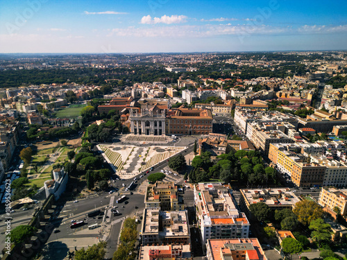  Aerial view of the Lateran Palace and the Archbasilica of Saint John Lateran in Rome, Italy. Historic architecture of the Papal residence  