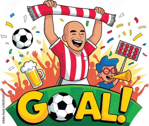 Exciting vector illustration of a happy soccer fan celebrating a goal with a scarf, beer, and confetti at a stadium.