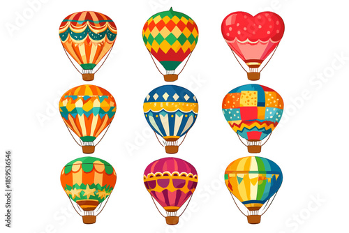 Collection of nine colorful hot air balloons