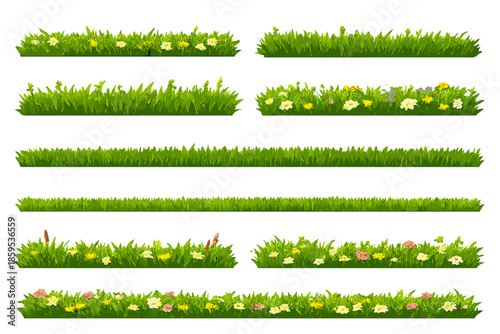 Seamless Green Grass and Wildflower Borders