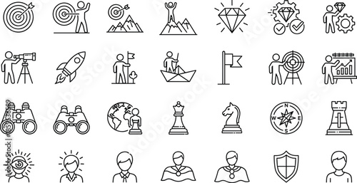 Business strategy icon set illustration, leadership success planning symbols, goal achievement and vision concepts, management growth, motivation analytics, outline style, flat vector