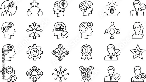 Business, leadership, mindset, outline, icons, set, strategy, creativity, innovation, teamwork, skills, planning, success, management, thinking, network, achievement, symbols, vector, illustration