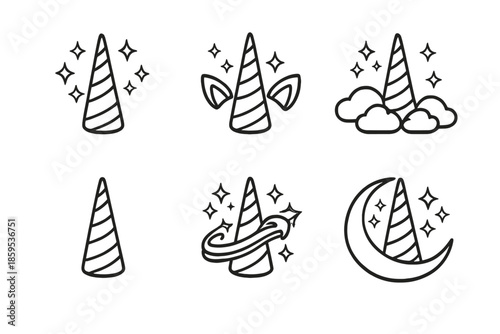 Collection of Unicorn Horn Icons with Magical Elements