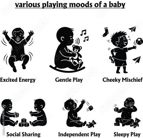 Baby Playing Moods Silhouette Icons Set Showing Energy, Playfulness and Emotions