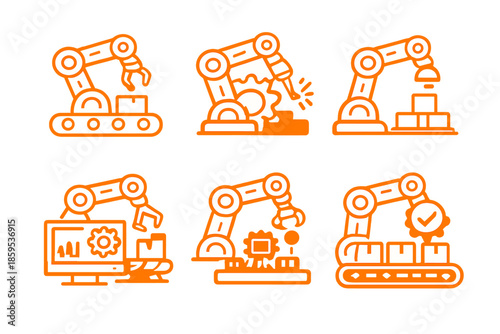 Set of six glowing orange industrial robot icons on a dark, vertically striped background
