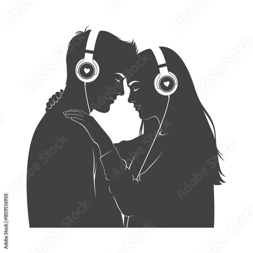 Illustration of vector illustration of a couple wearing headphones and touching noses romantically, valentine love silhouette vector