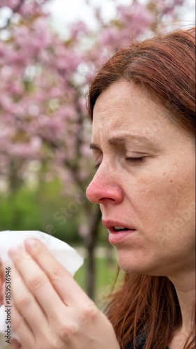 Woman wiping her nose with a tissue outdoors in spring. Vertical video of a female suffering from seasonal allergies or hay fever near pink blossoms. Health and pollen allergy concept