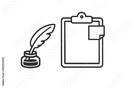 Feather quill and inkwell next to a clipboard with blank paper