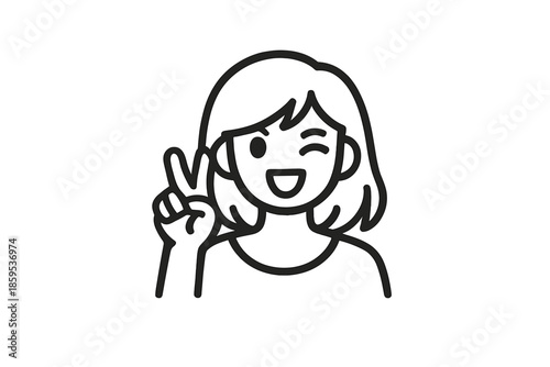 Cute cartoon girl with peace sign and wink