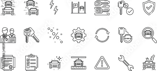 Car, service, and, maintenance, line, icons, set, vehicle, repair, diagnostics, insurance, parking, keys, security, auto, support, symbols, vector, illustration, collection