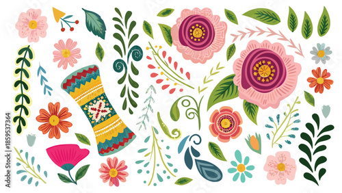 Vibrant floral pattern with colorful flowers and leaves arrangement