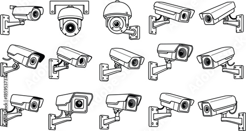 Surveillance camera silhouettes, security system illustration, CCTV designs, dome bullet box cameras, monitoring equipment art, vector safety technology graphics