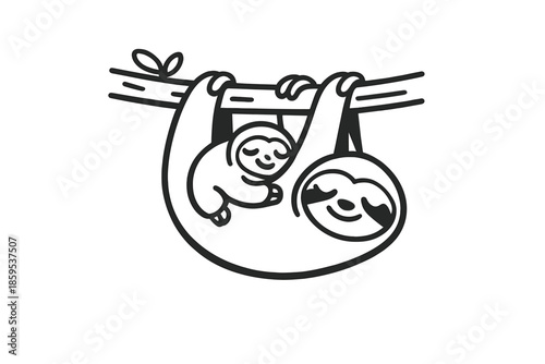 Cute Sloth Family Hanging on Tree Branch Outline